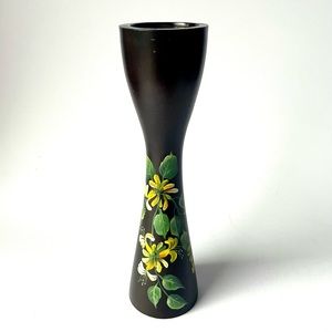 Hand Painted Yellow Flowers Espresso Brown Colored Candleholder